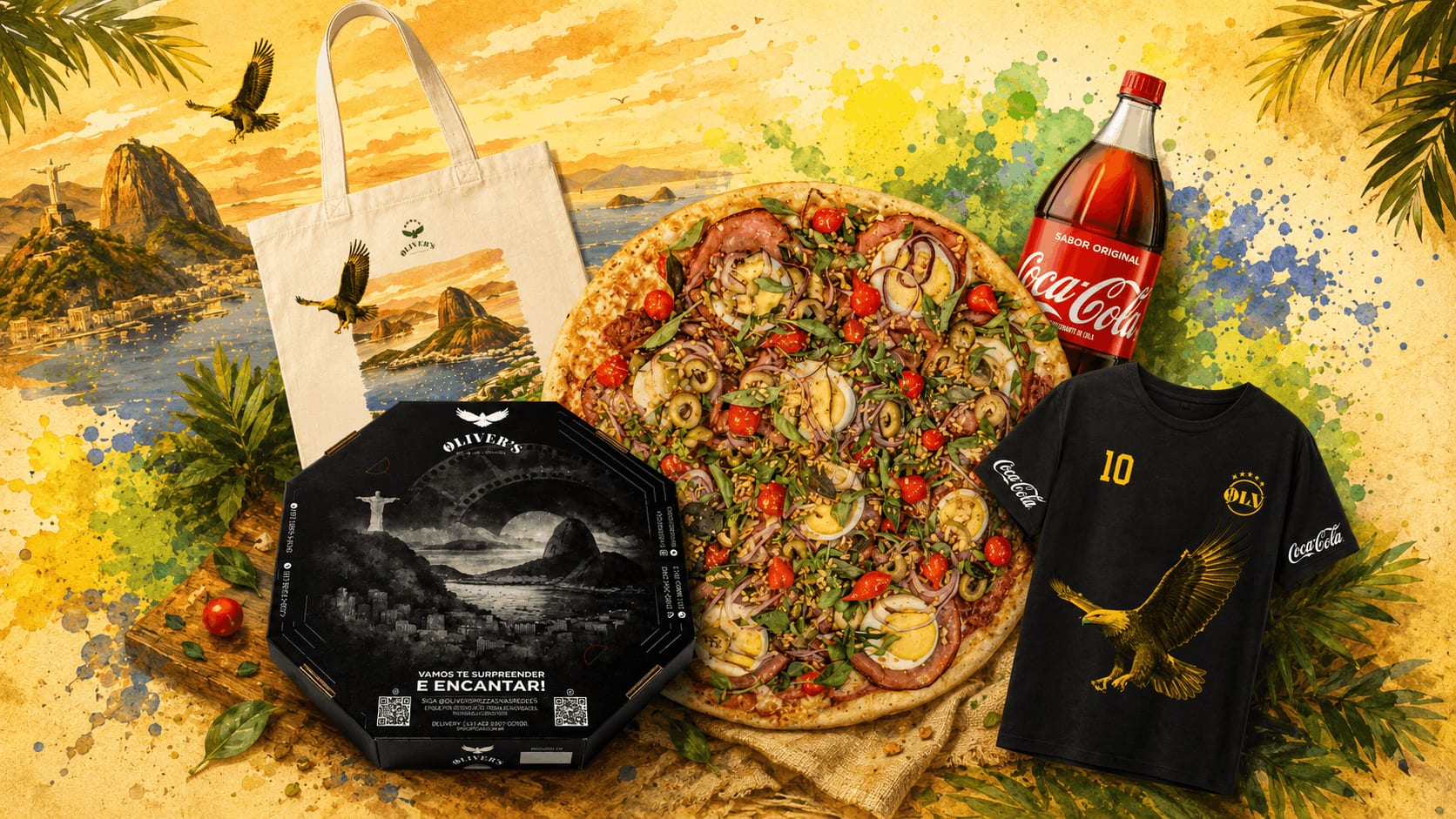 Kit completo Øliver's + Coca-Cola: pizza, Coca-Cola, ecobag e blusa de edição limitada
